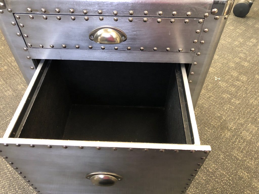 SILVER STUDDED 2 DRAWER NIGHTSTAND ON WHEELS.