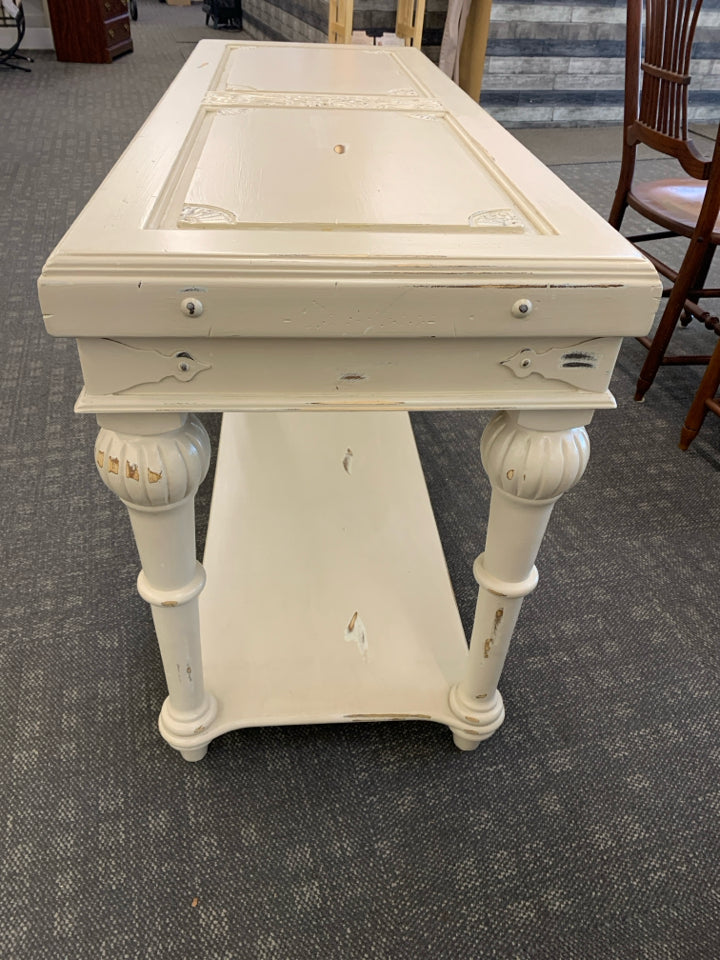 VTG CREAM DISTRESSED CONSOLE/ SOFA TABLE.
