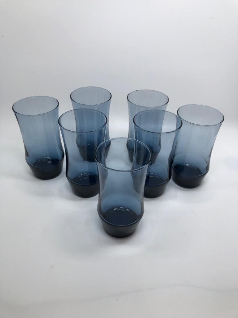 7 BLUE GLASS SHORT LIBBY TUMBLERS.