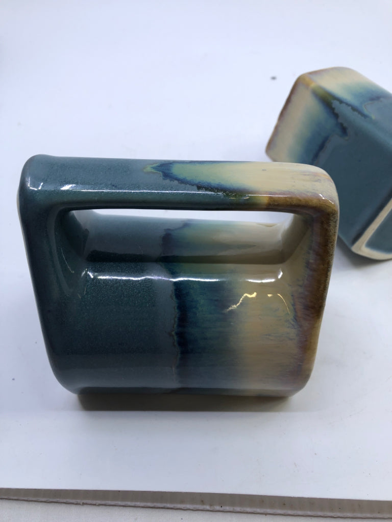 2 DRIP GLAZE POTTERY BLUE MUGS.