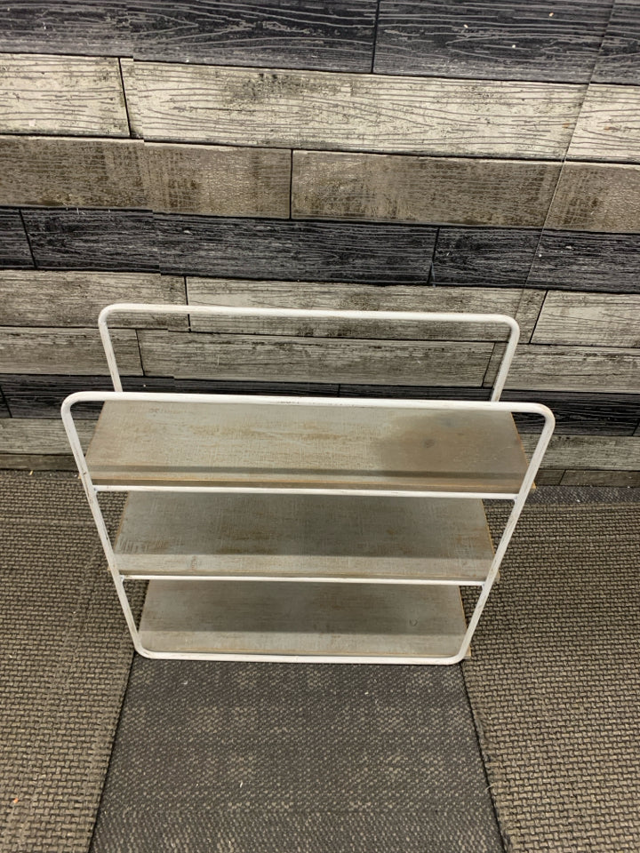 3 TIER GRAY AND WHITE WOOD SHELF.