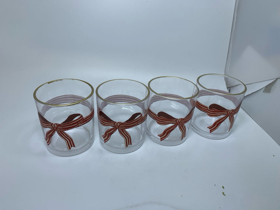 4 SHORT RED/WHITE BOW GLASSES.