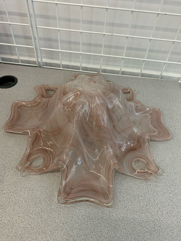 PINK SWIRL BLOWN GLASS BOWL W/RUFFLED EDGE.