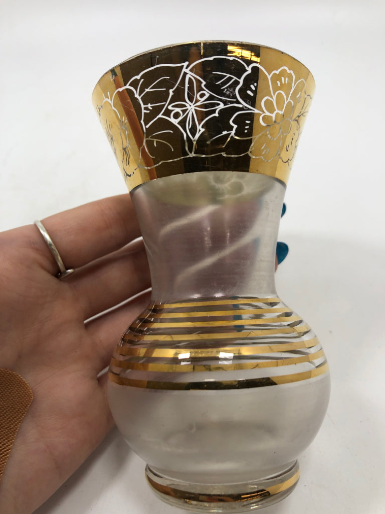 VTG ITALIAN FROSTED GLASS BUD VASE GOLD ACCENTS.