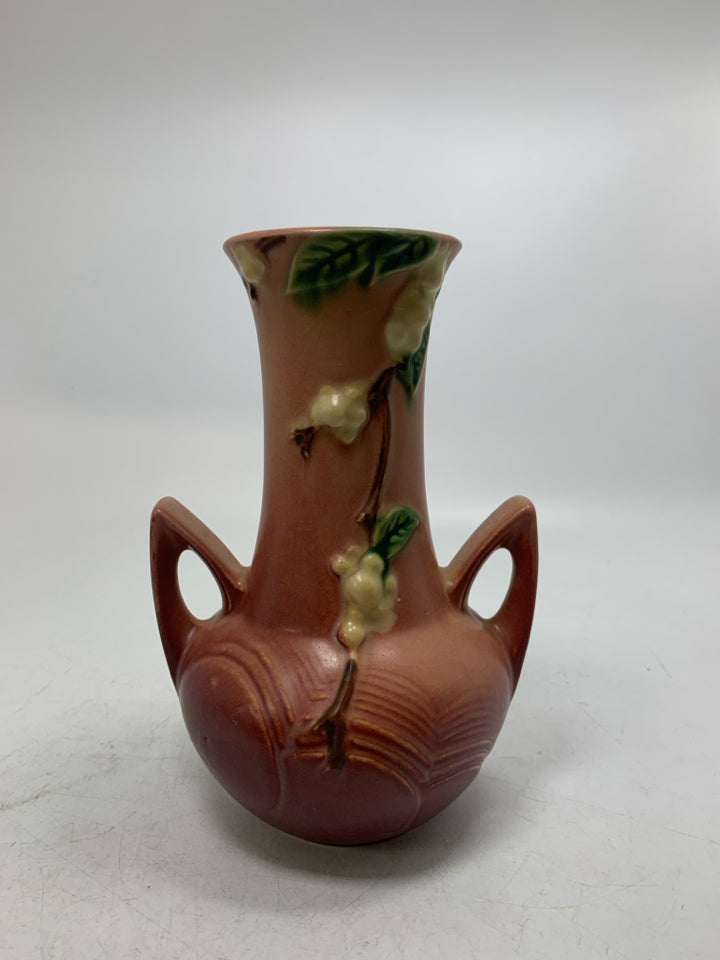 VTG SNOWBERRY VASE W/ DOUBLE HANDLE.