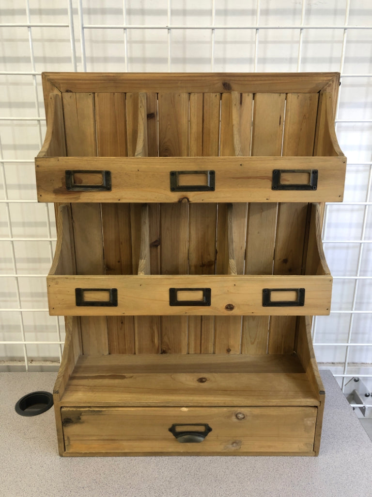 WOODEN CUBBIE W/ LABEL BORDERS & DRAWER WALL HANGING.