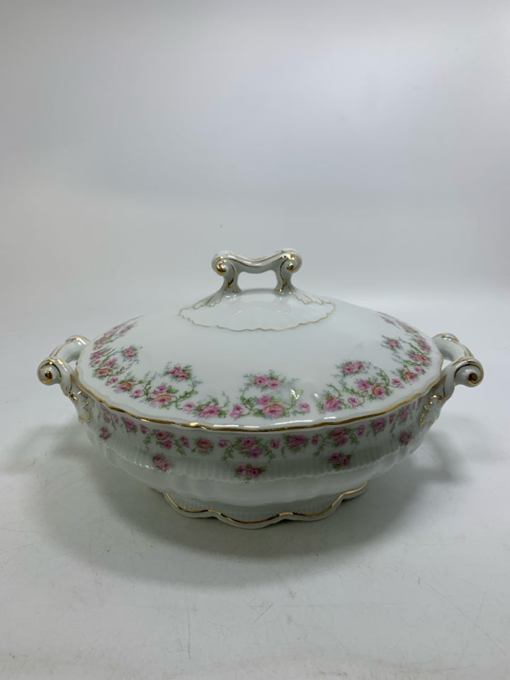 FOOTED PINK ROSES COVERED VEGETABLE DISH GOLD DETAILS SAXONY .