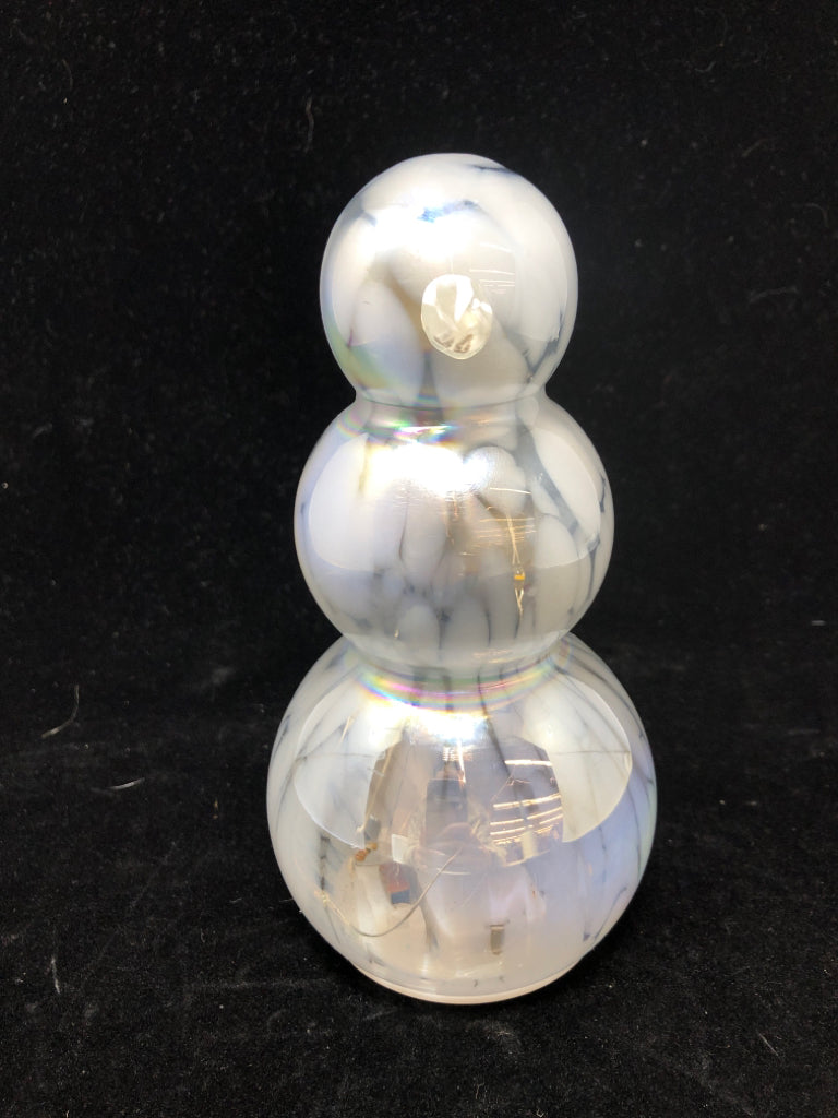 IRIDESCENT WHITE GLASS SNOWMAN W/ LED LIGHTS.
