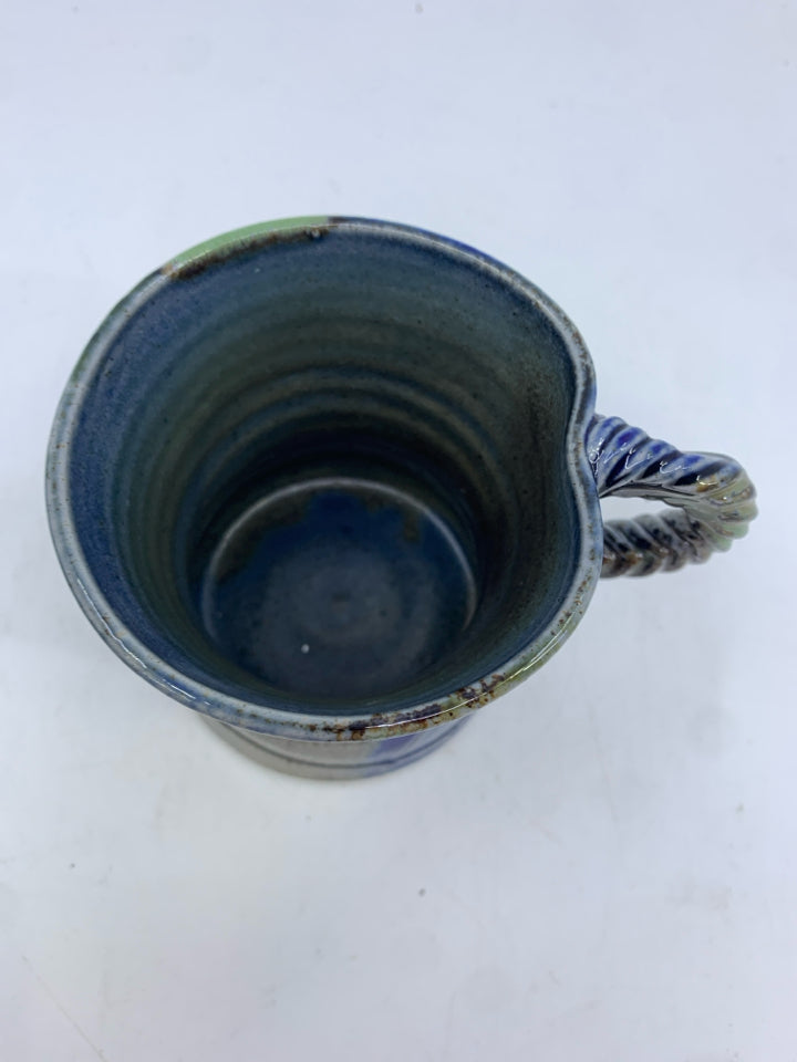 2 BLUE GREEN POTTERY MUG W BRAIDED HANDLE.
