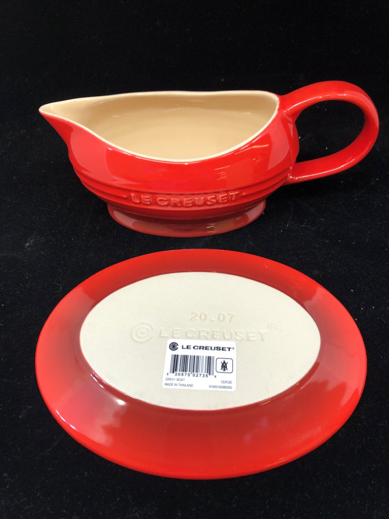 NIB RED GRAVY BOAT WITH SAUCER-LE CREUSET.