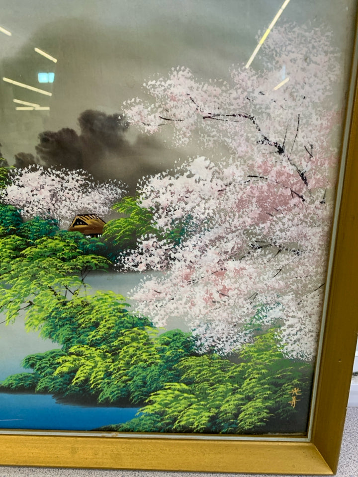 VTG PEOPLE ON BOAT W CHERRY BLOSSOMS IN GOLD FRAME WALL ART.