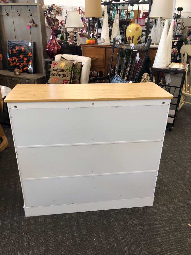 WHITE HIDDEN TRASH CABINET W WOOD TOP & 2 DRAWERS.