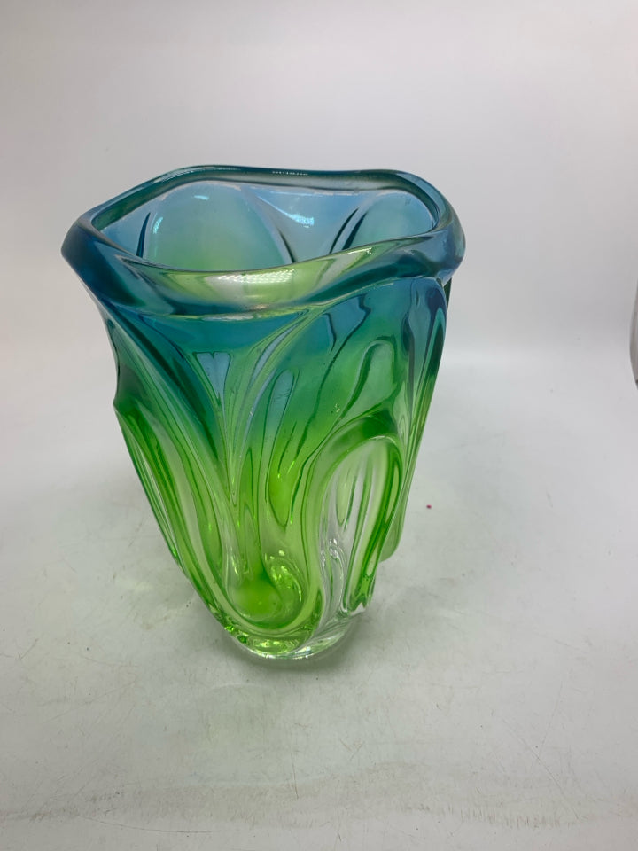 HEAVY GREEN/BLUE GLASS TEXTURED VASE.