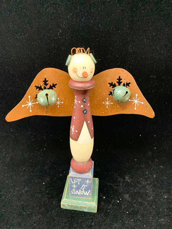 PRIMITIVE "LET IT SNOW" PEDESTAL SNOWMAN WITH WINGS.