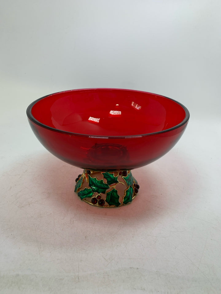 TELEFLORA RED GLASS PEDESTAL BOWL W/ ENAMELED HOLLY BERRY.