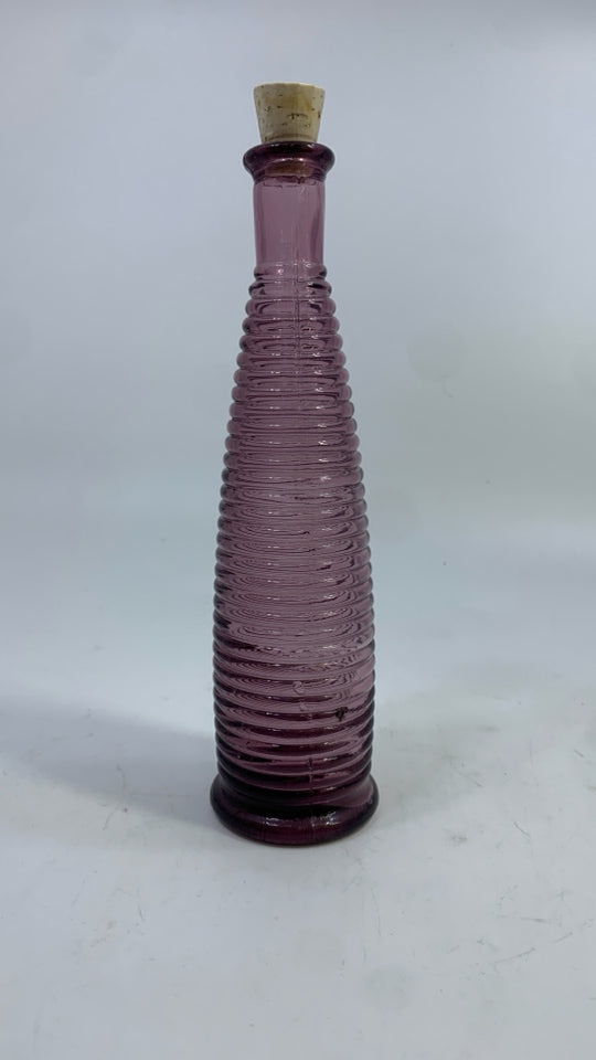 PURPLE GLASS RIBBED BOTTLE W/CORK.