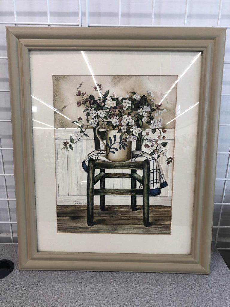 PRIMITIVE CHAIR W/FLOWERS STILL-LIFE.