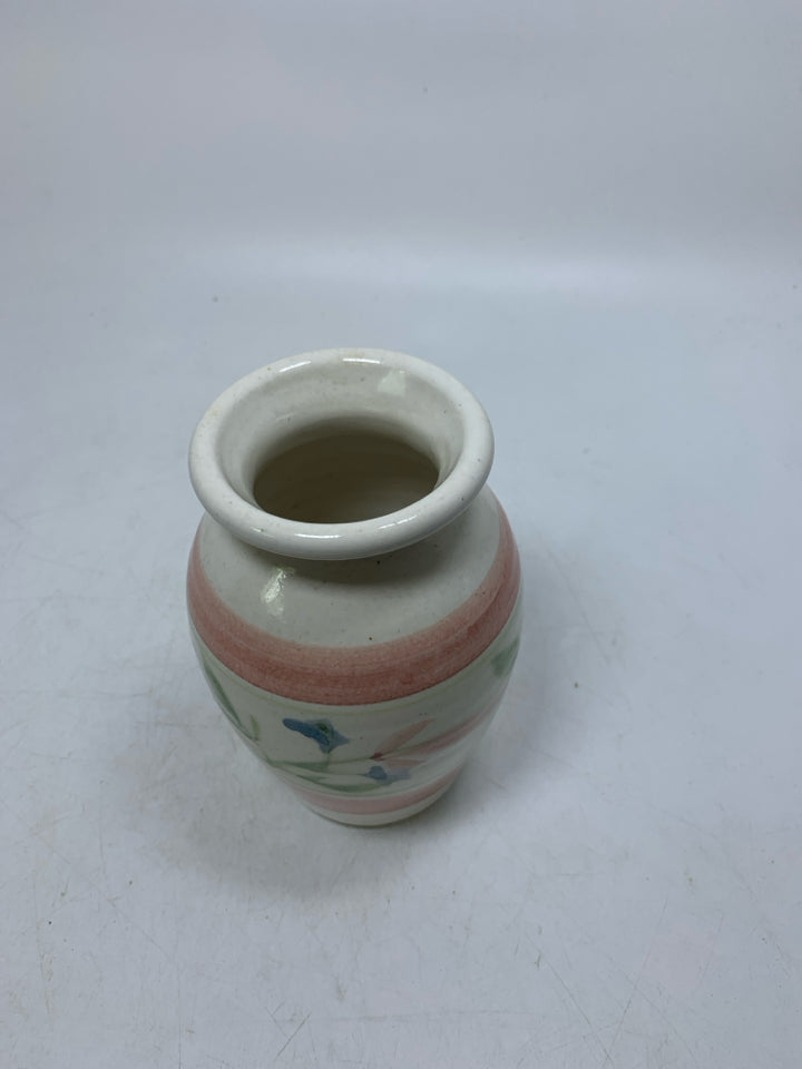 WHITE VASE W/ PALE PINK BANDS/ BLUE FLOWERS.