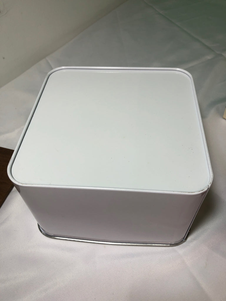 WHITE ENAMEL METAL CANISTER W WOOD LID.