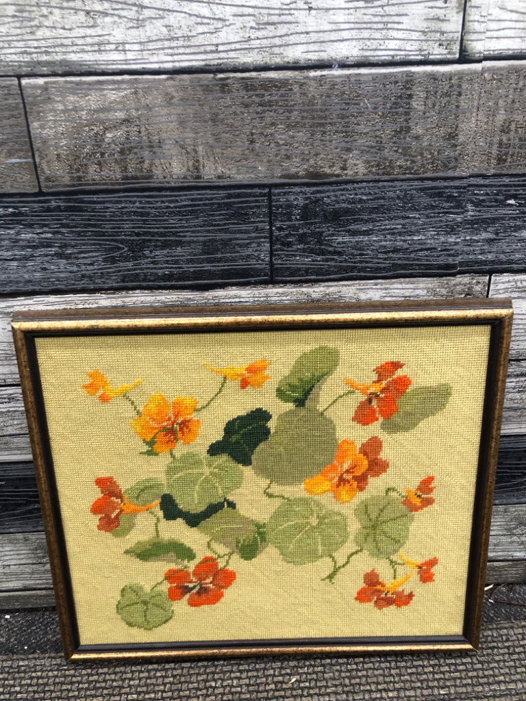 VTG ORANGE FLORALS FRAMED EMBROIDERY.