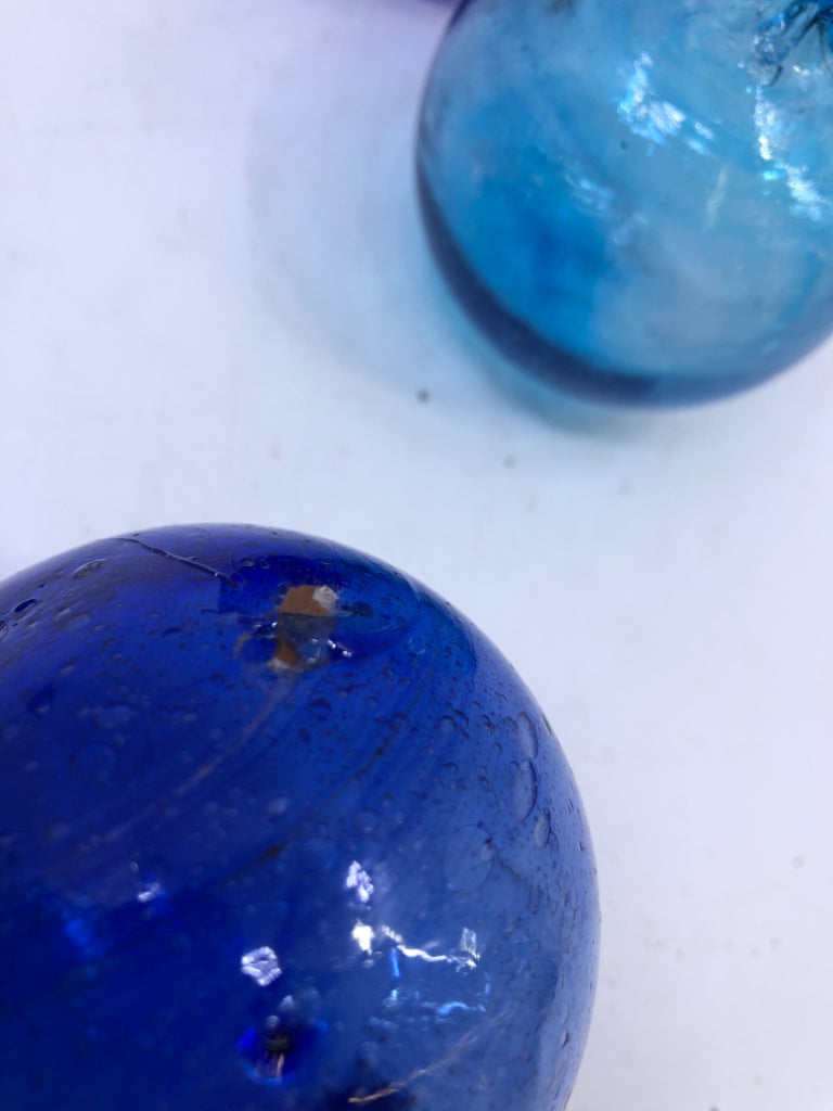 3 BLUE BULB GLASS ORNAMENTS.