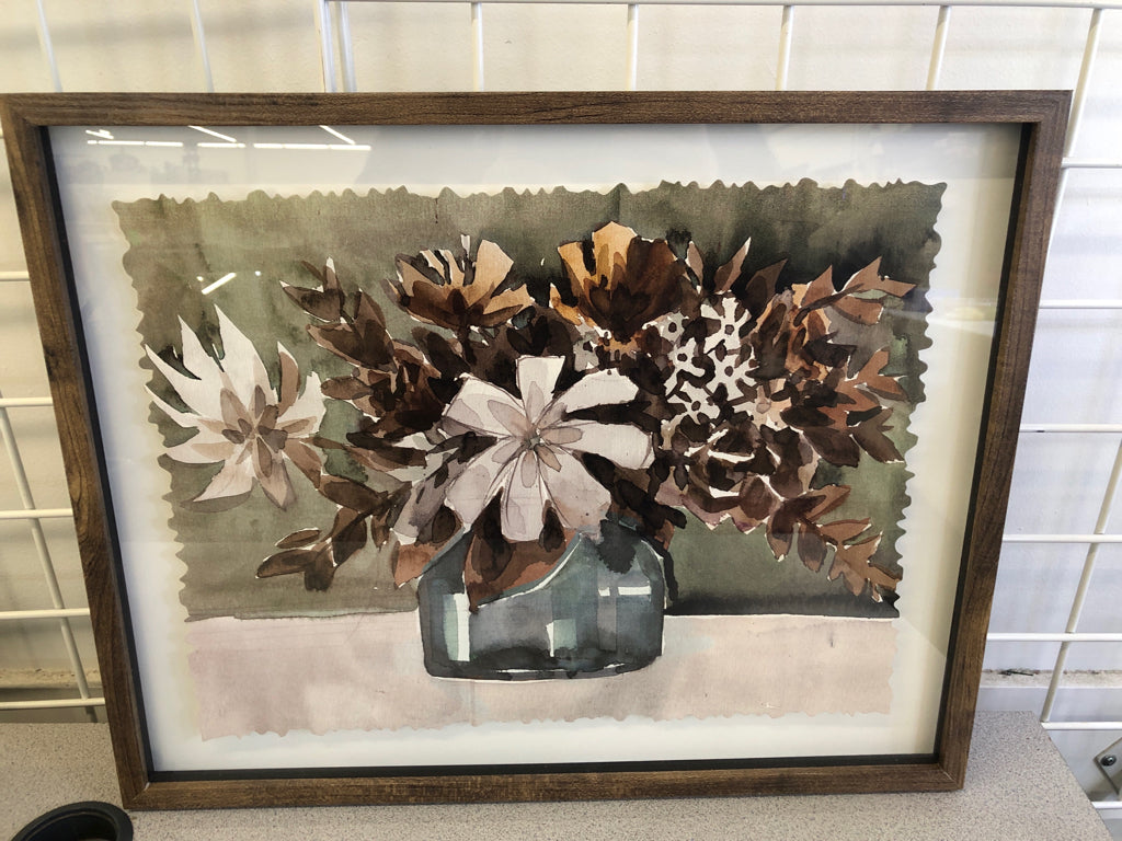 BROWN PAINTED BOUQUET, BLUE VASE IN WOOD FRAME.