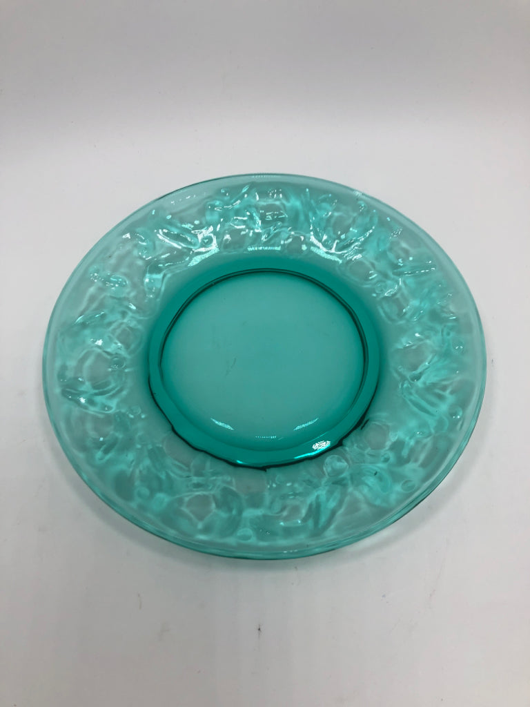 8PC TEAL GLASS PLATES.