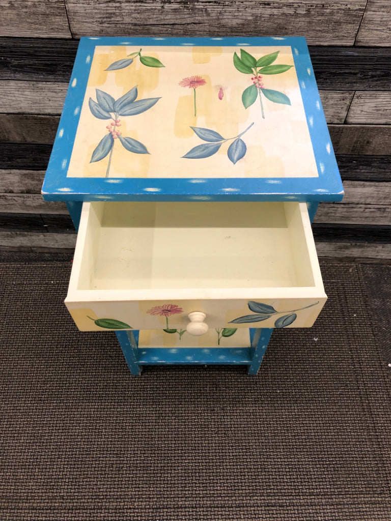 BLUE/WHITE FLORAL ONE DRAWER STAND.