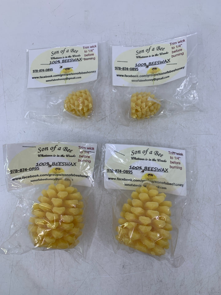 4 ASSORTED PINECONE SHAPED BEES WAX CANDLES IN BAG.