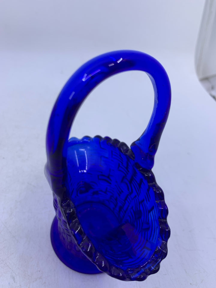 SMALL COBALT BLUE GLASS BASKET.