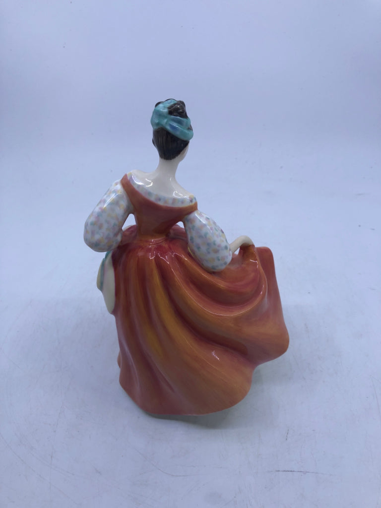 FAIR LADY IN CORAL DRESS W TEAL BOW.