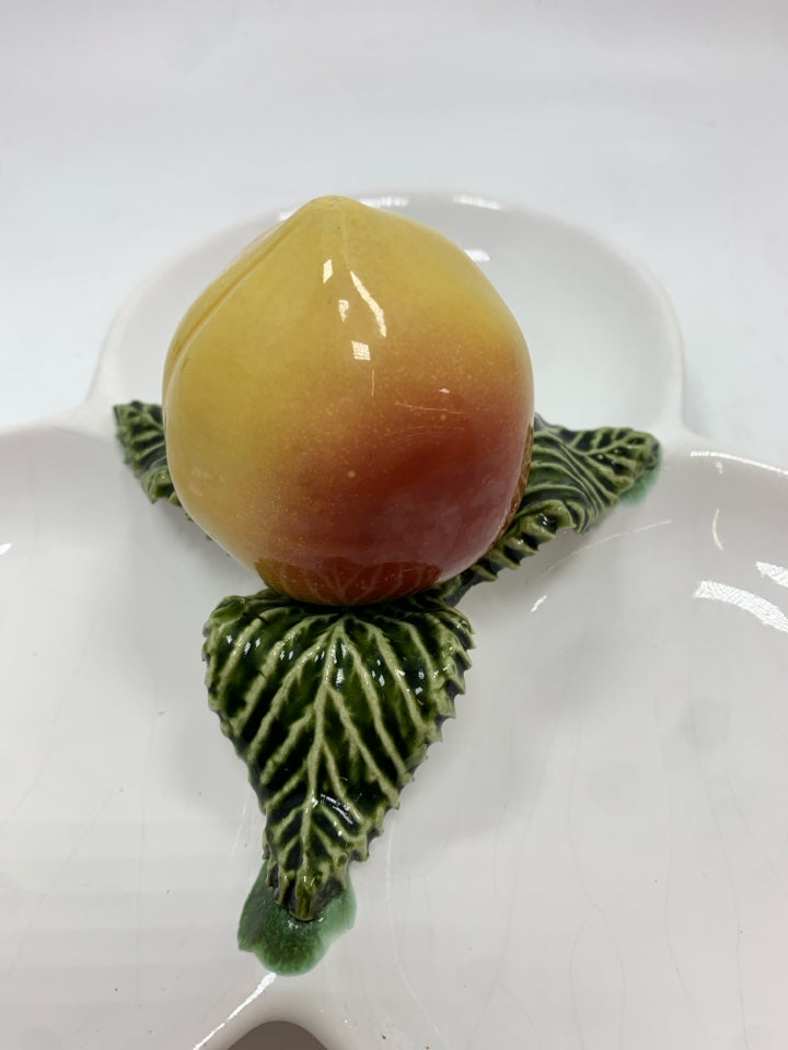 VTG CERAMIC DIVIDED SERVING DISH W/PEACH & GREEN LEAVES.