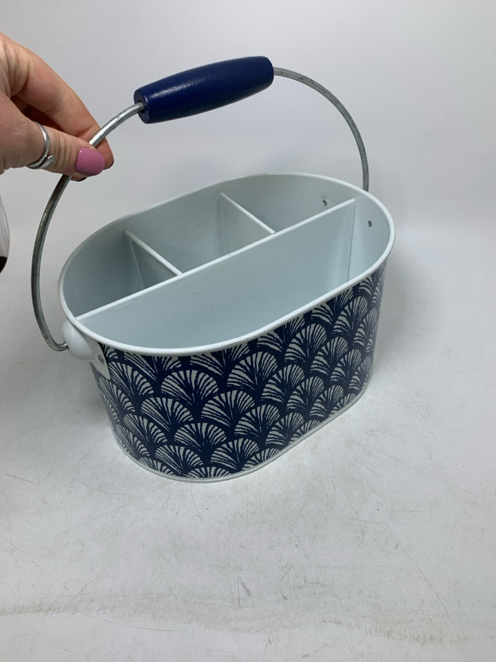 BLUE PATTERNED METAL DIVIDED UTENSIL HOLDER W/ HANDLE.