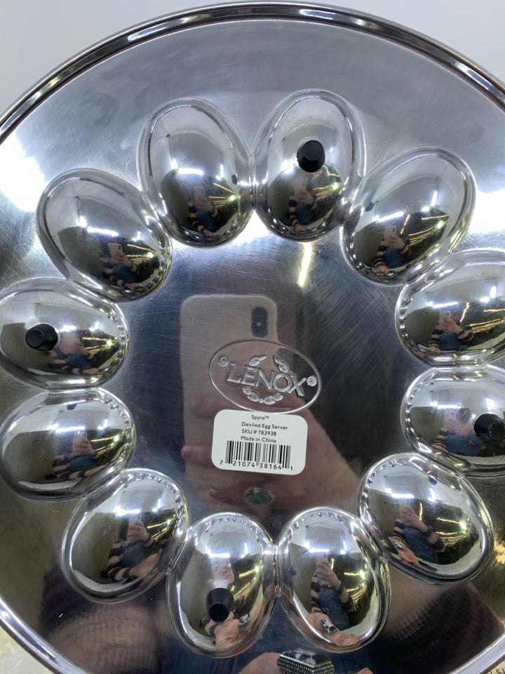 NIB SILVER METAL DEVILED EGG TRAY W/ CARVED DESIGNS.