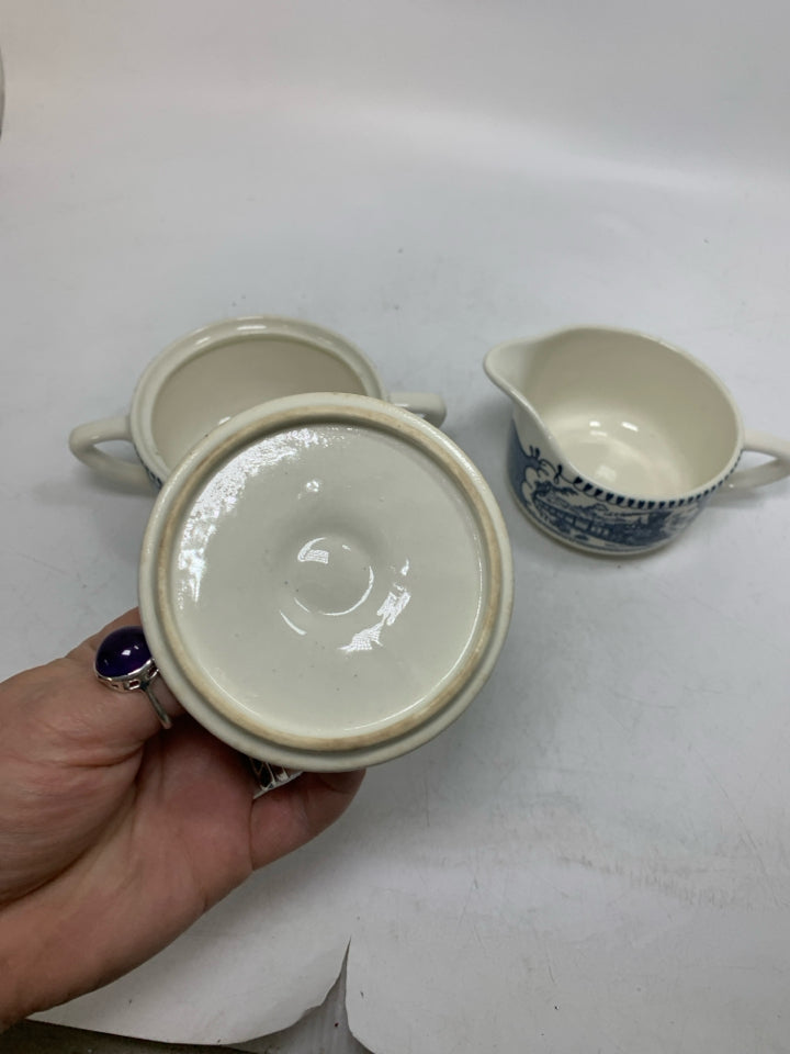 2 PC BLUE DETAILED STADIUM/TRAIN CREAMER/SUGAR BOWL.