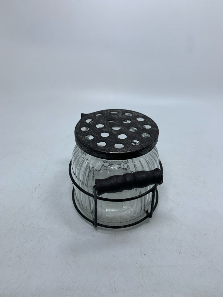 RIBBED GLASS FLOWER FROG W/ METAL TOP/STAND.