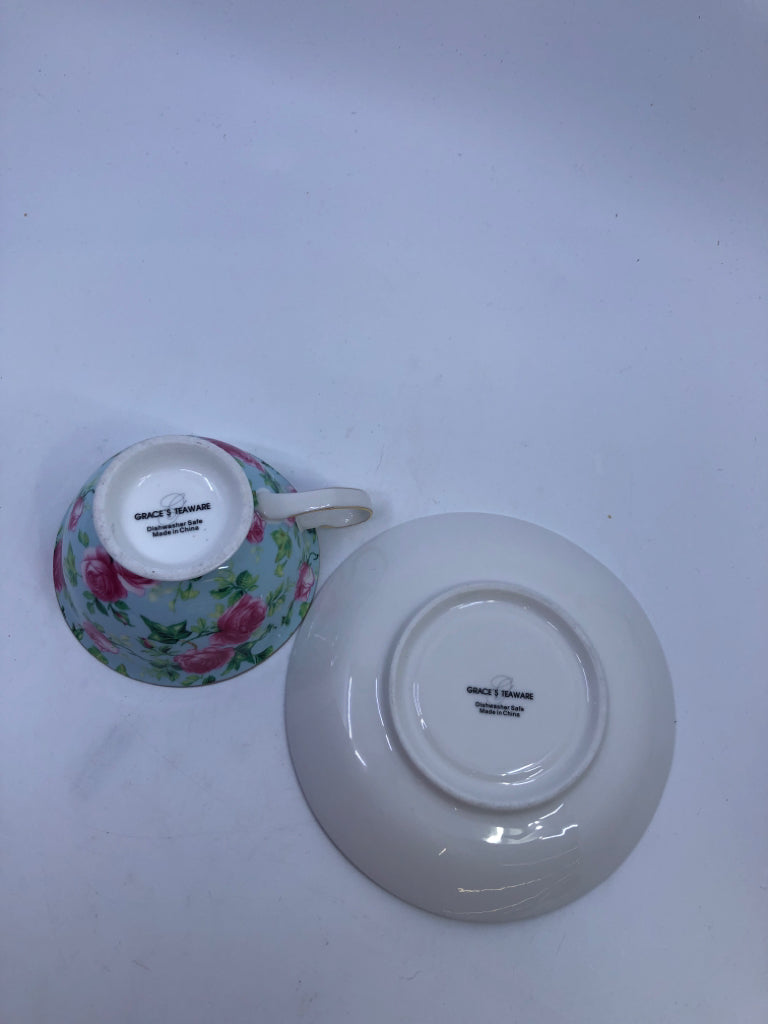 AQUA W PINK ROSES CUP AND SAUCER-GRACES TEAWARE.