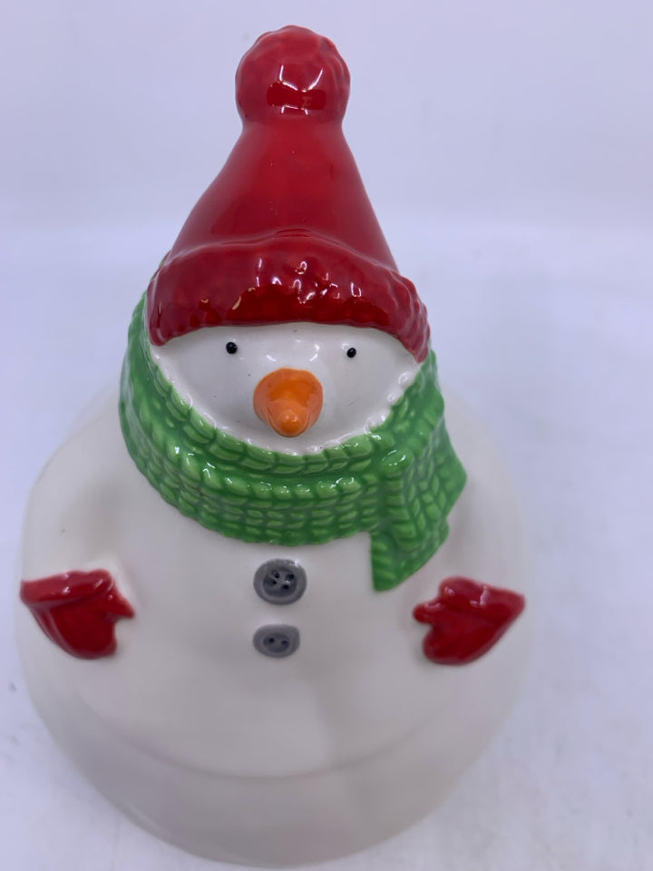 SNOWMAN CERAMIC COOKIE JAR RED HAT/GLOVES HALLMARK.