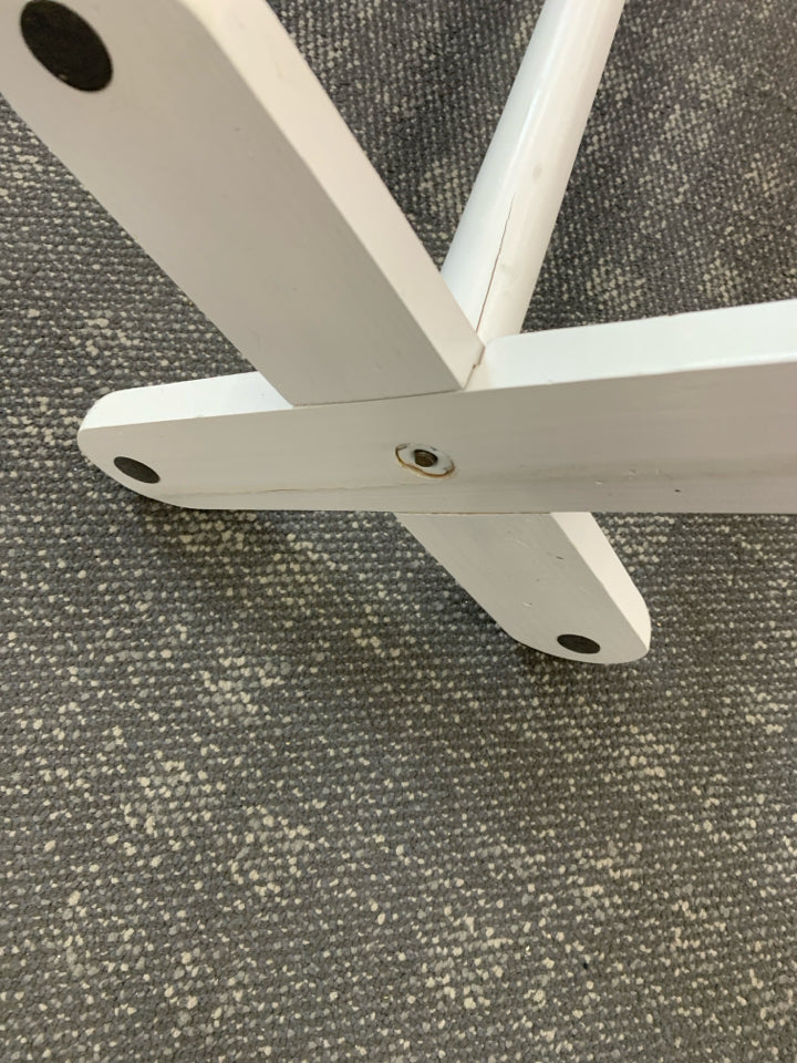 WHITE WOODEN COAT RACK.
