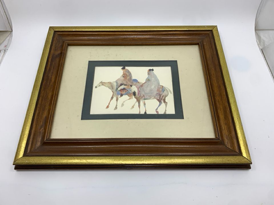 SOUTHWESTERN PEOPLE ON DONKEYS PRINT IN BROWN/GOLD FRAME.