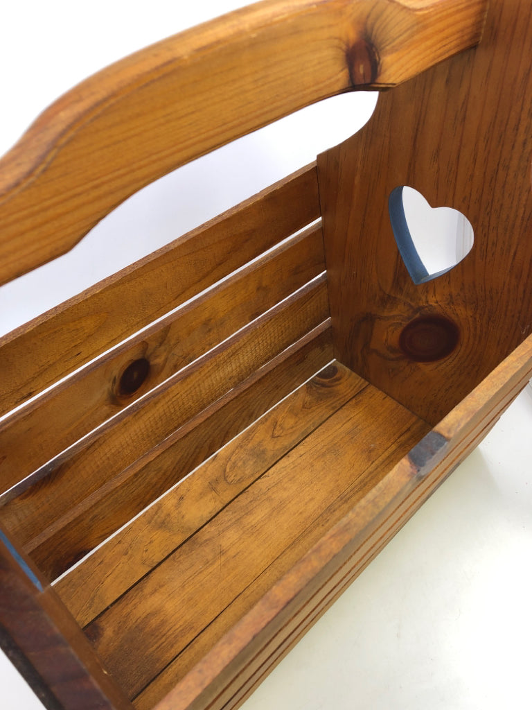 WOOD MAGAZINE BASKET W/HEART CUTOUT.