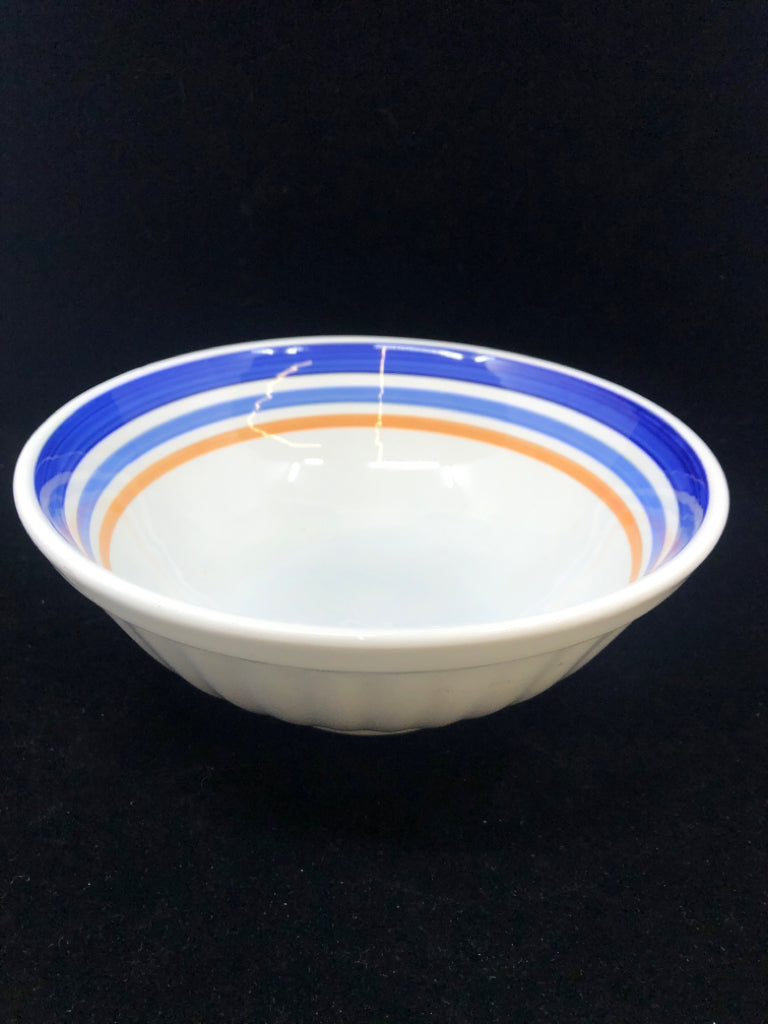 WHITE BOWL W/ BLUE & ORANGE STRIPES.