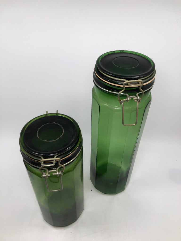 2 GREEN GLASS CANISTERS.
