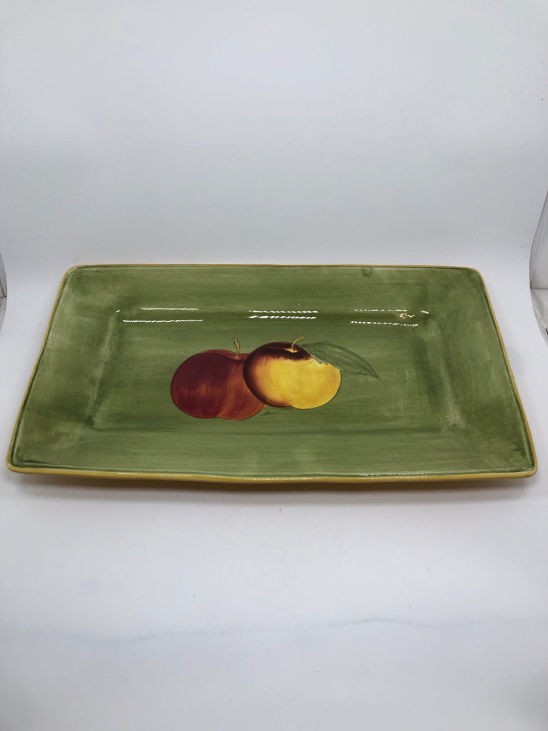 APPLES PAINTED GREEN CERAMIC PLATTER.