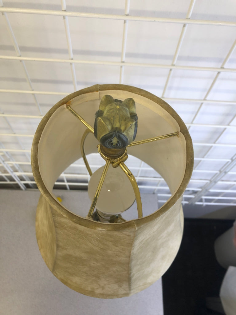 ORNATE CREAM LAMP W/DISTRESSED SHADE.