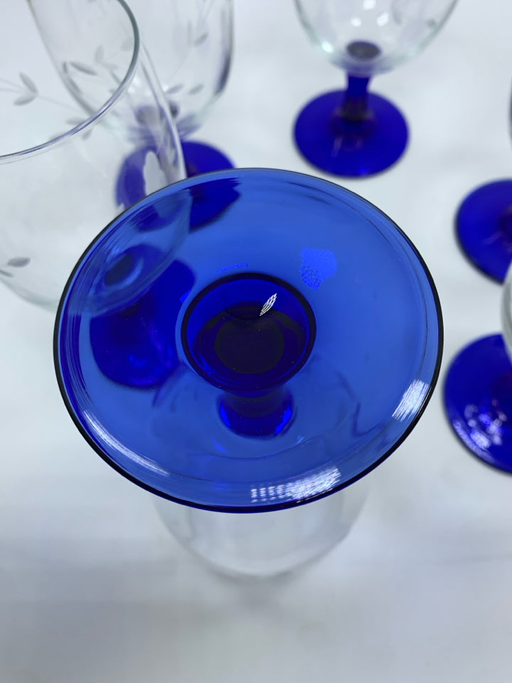 6 BLUE STEM GLASSES W/FLORAL ETCHING.