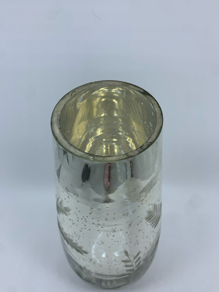 TALL MERCURY GLASS VASE W/ SPECKLES/LEAF DESIGN.