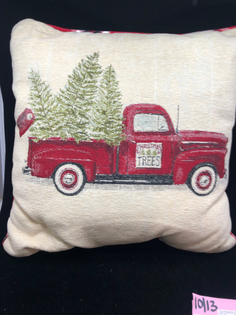 RED WINTER TRUCK W TREE PILLOW.
