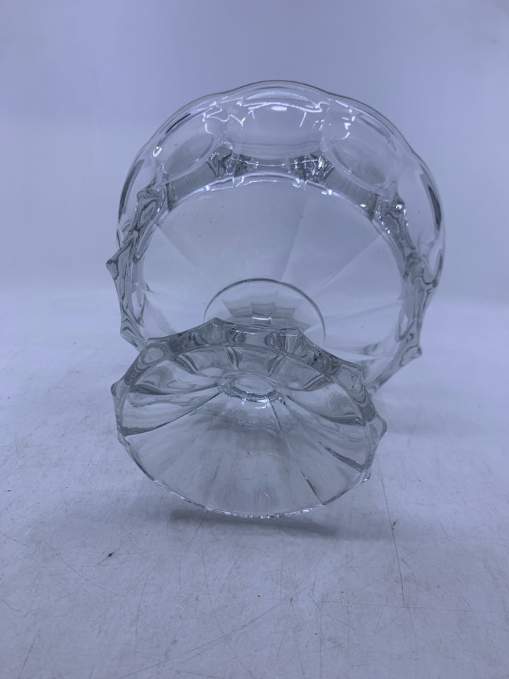 HEAVY FOOTED CLEAR GLASS PEDESTAL BOWL W/ PRESSED COIN LOOK.