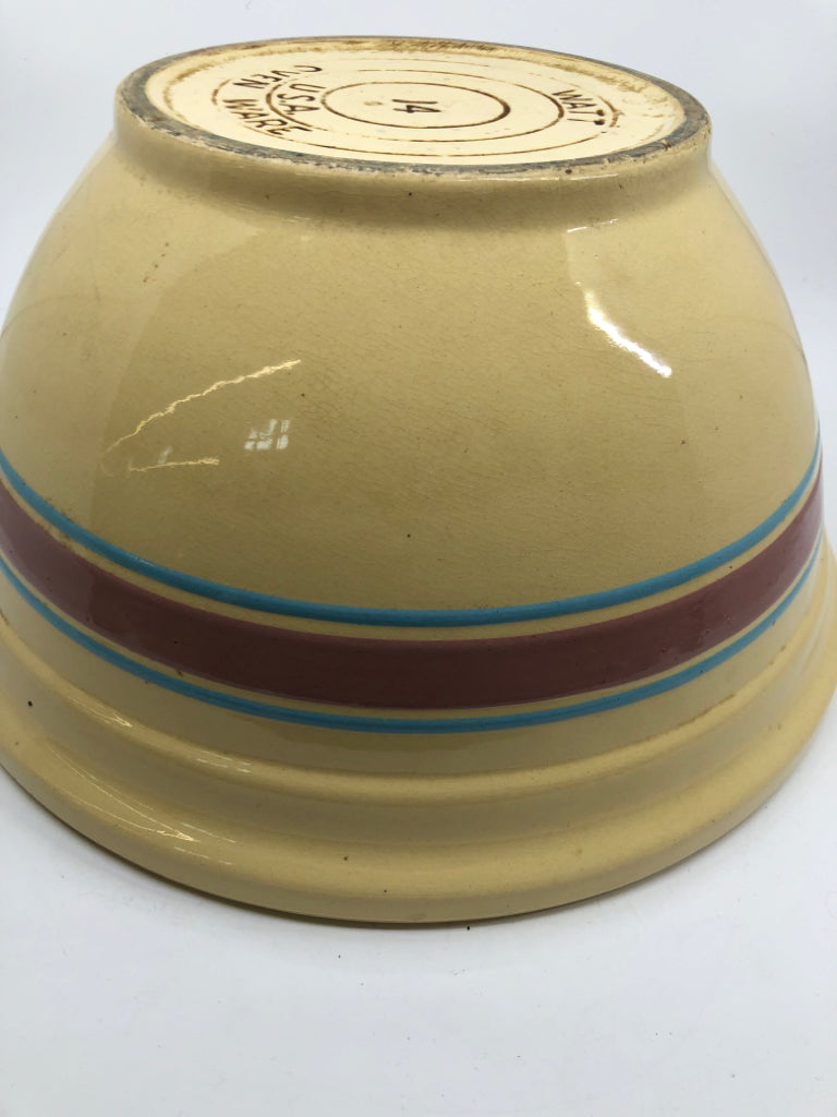 VTG WATT LARGE BOWL CREAM W/ BLUE+PINK STRIPES #14.